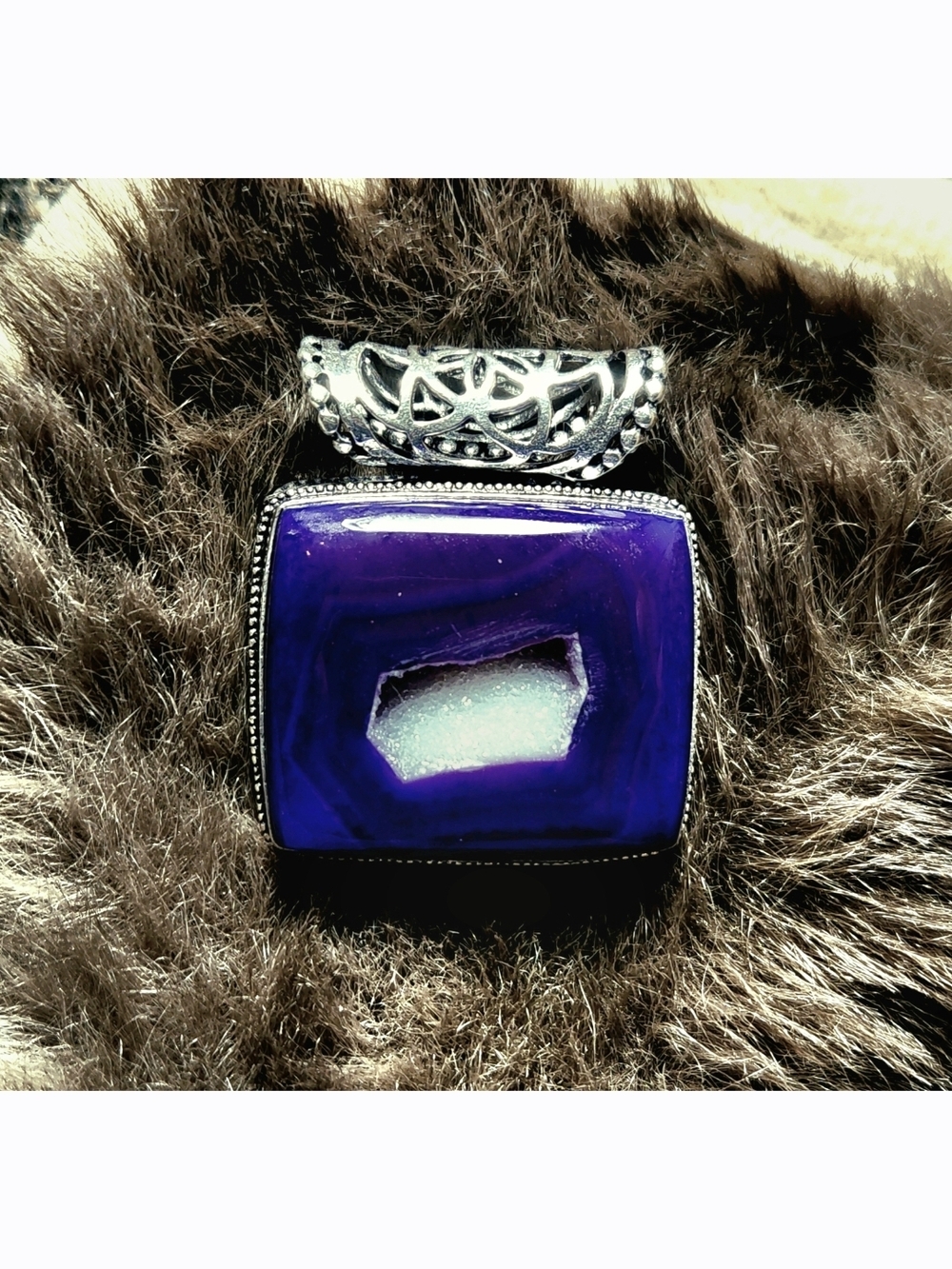 Gorgeous Purple Geode Pendant with Beautufil Intricate Tube Bail Silver Detail